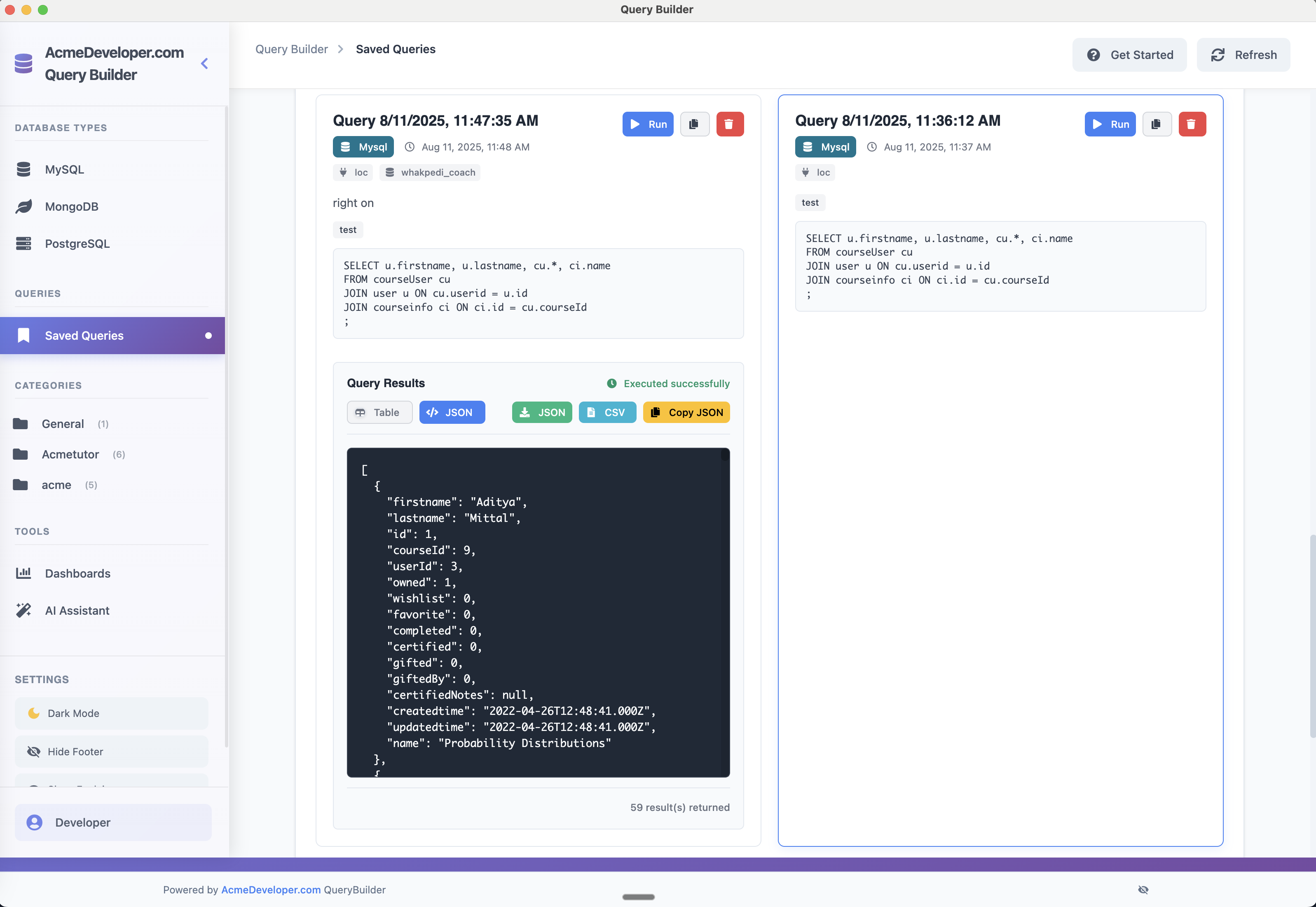 Acme Developer Query Builder Dashboards