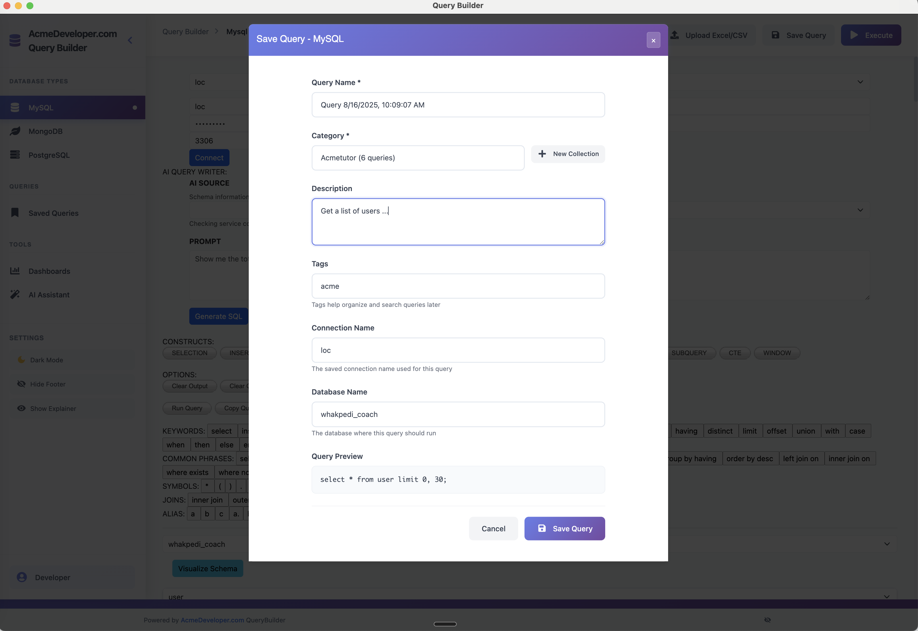 Acme Developer Query Builder Dashboards